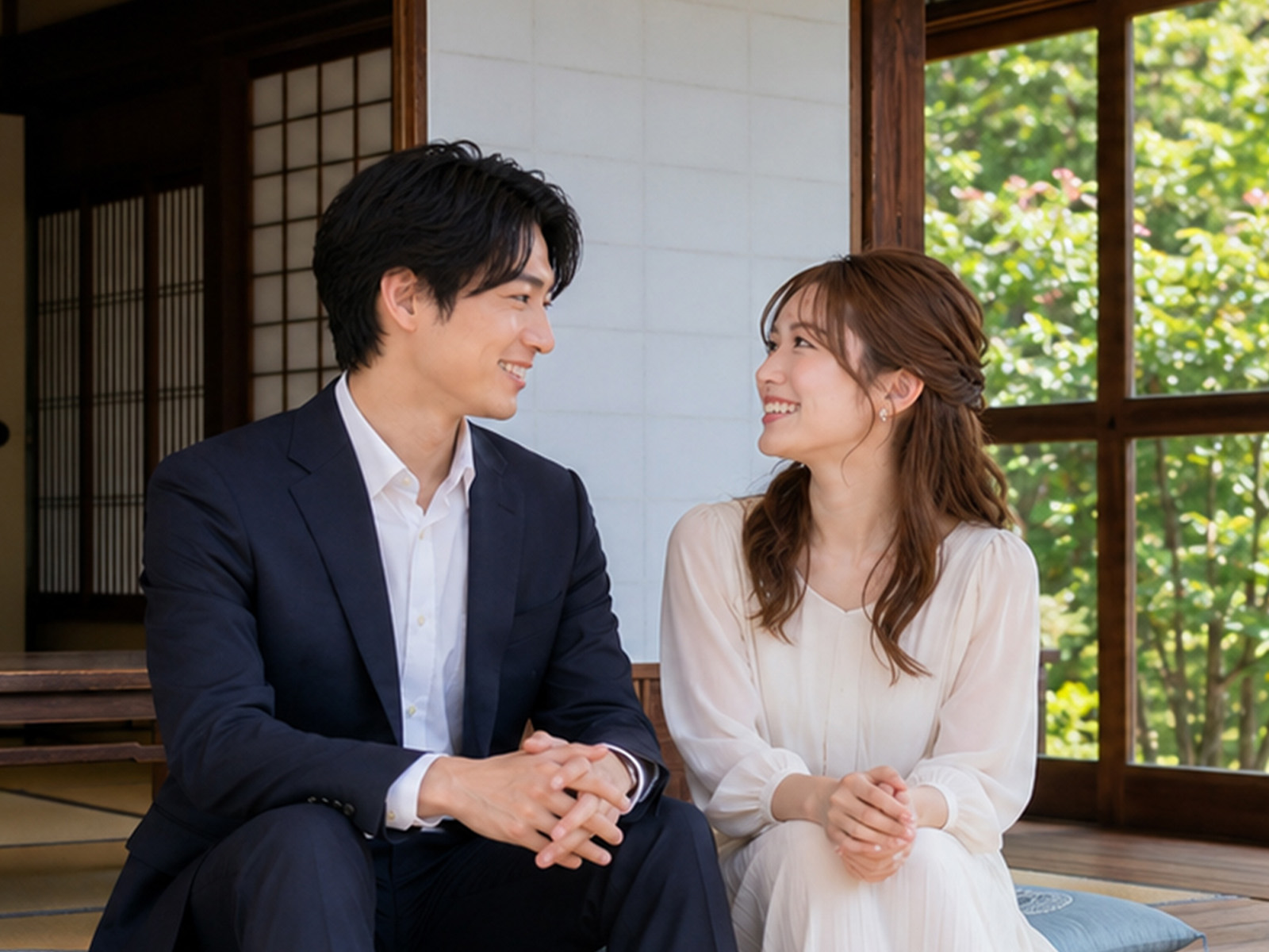 落ち着いた場所で自然に向き合って会話する男女