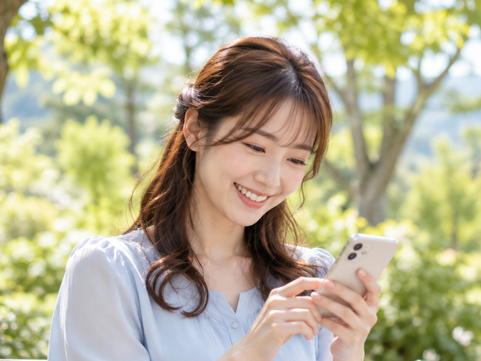公園のベンチでスマートフォンを見ながら振り返る女性