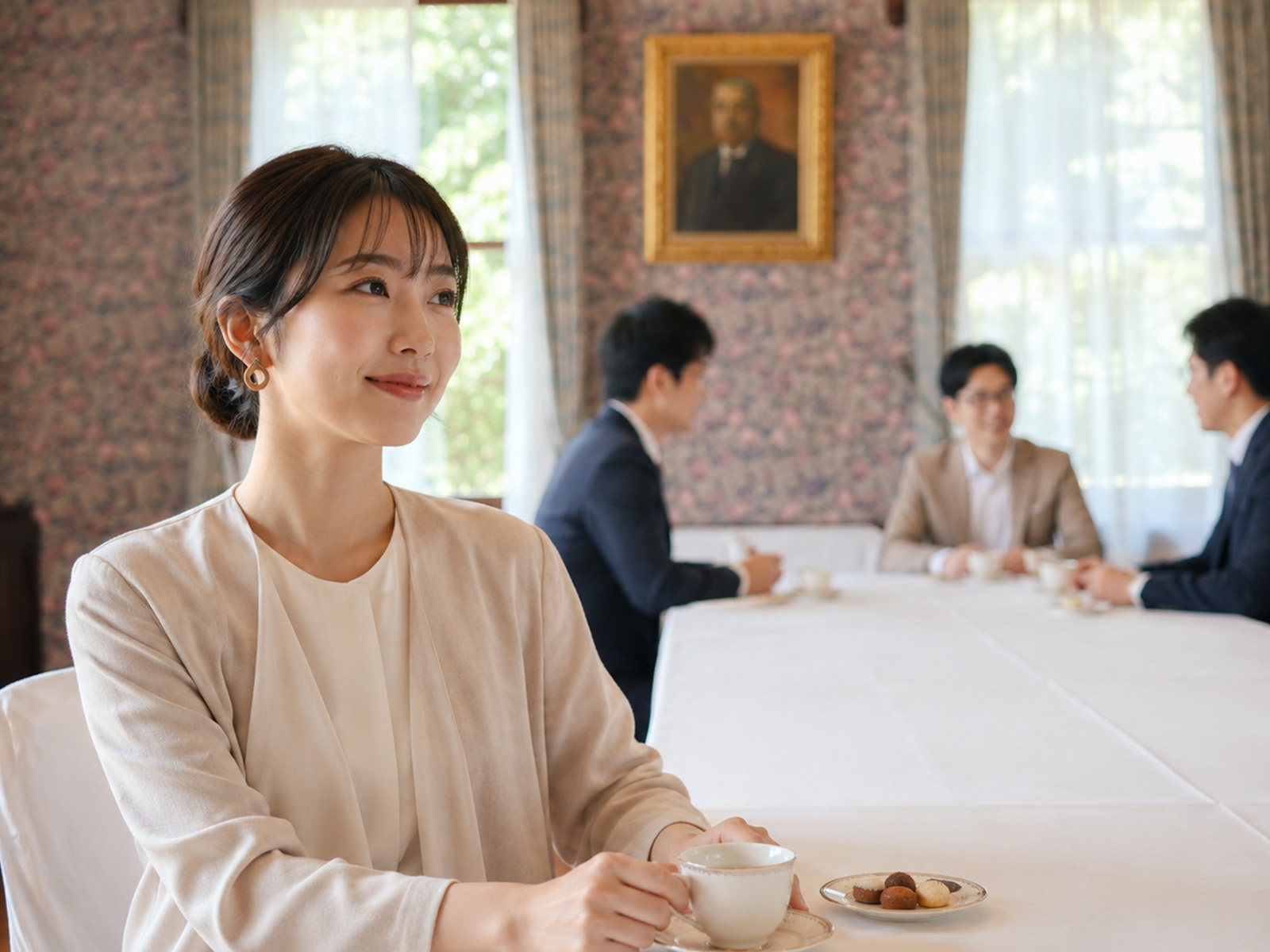 複数の参加者を背景に落ち着いて考える女性