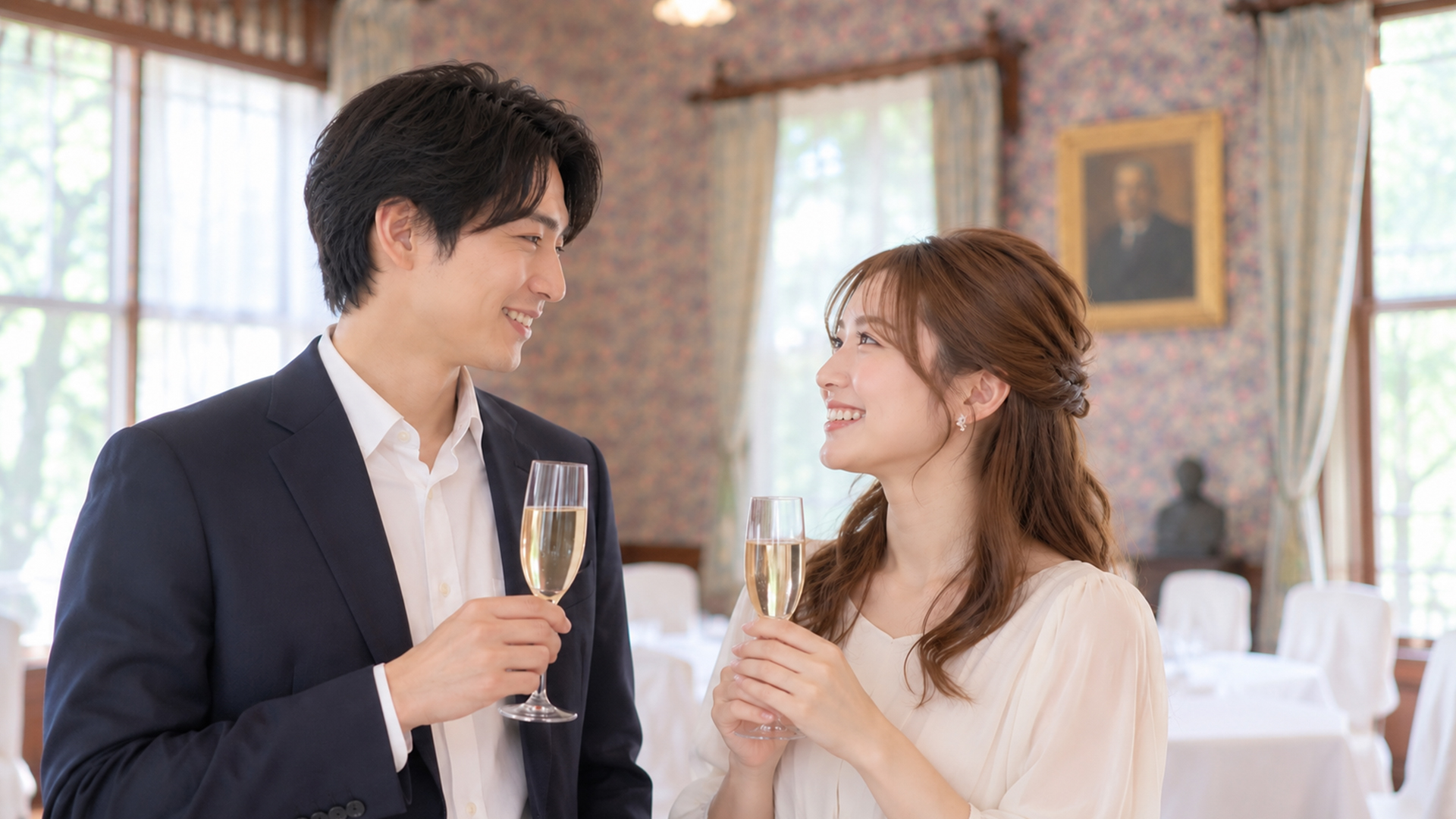 豊門会館の洋室でグラスを手に微笑む男女のイメージ