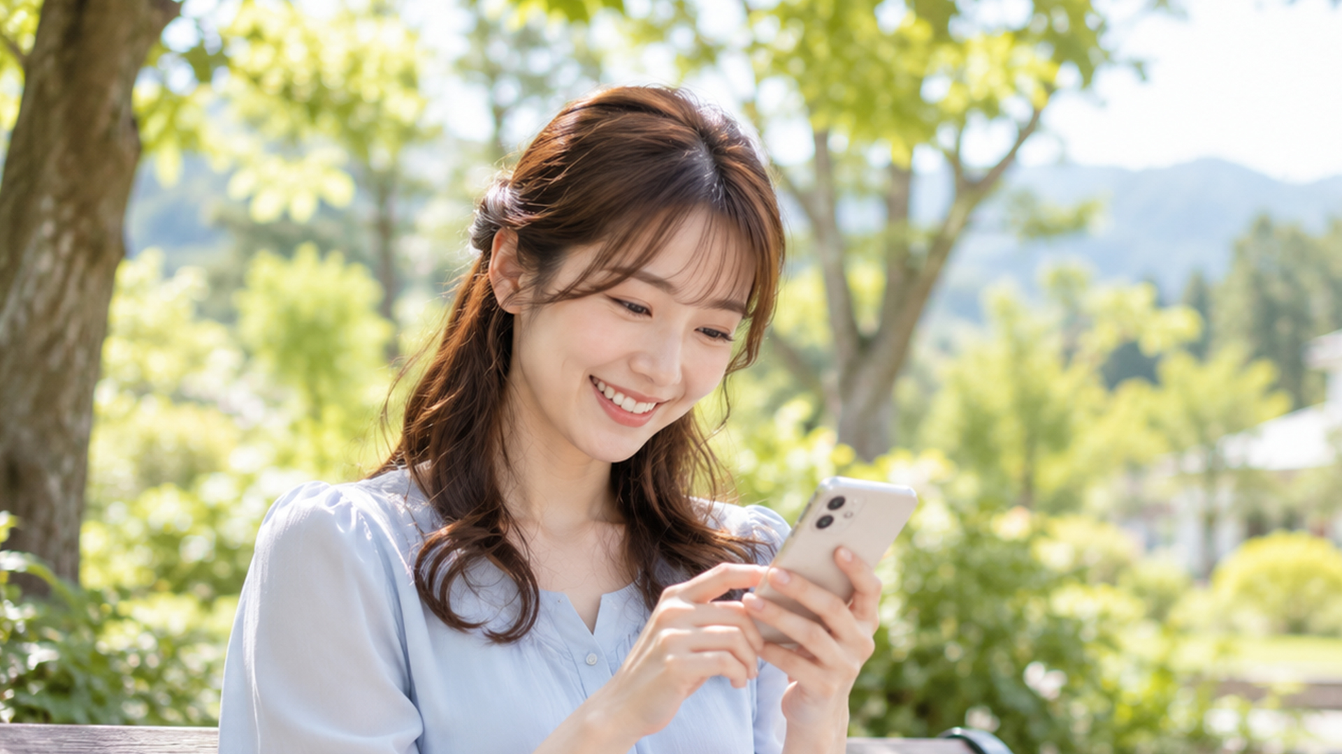 緑豊かな公園のベンチでスマートフォンを見る女性