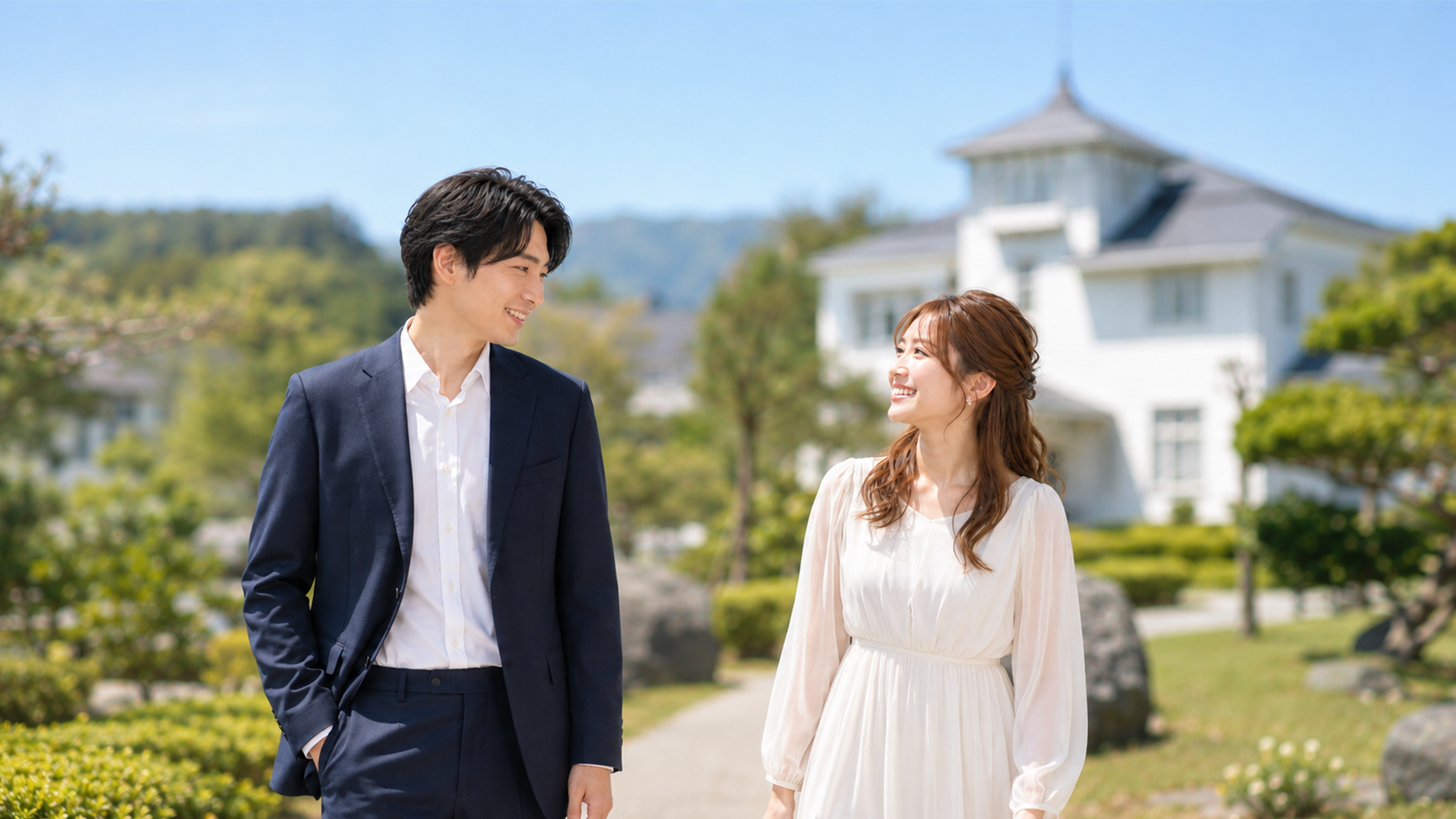 豊門公園を笑顔で歩く男女